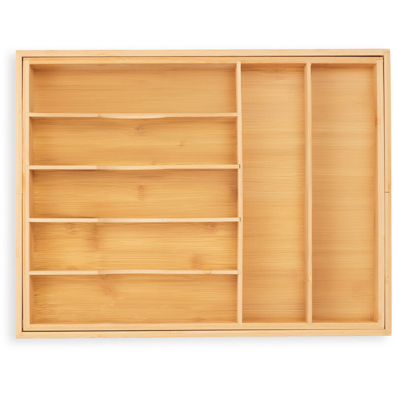 Relaxdays - Extendable Cutlery Tray, Bamboo, 7-9 Compartments, hwd: 5 x 34-50.5 x 44.5 cm, Kitchen Drawer Insert, Natural