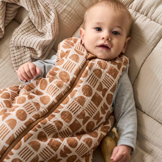 Reversible Sleeveless Baby Sleeping Bag with Central Opening, Ethnic printed beige
