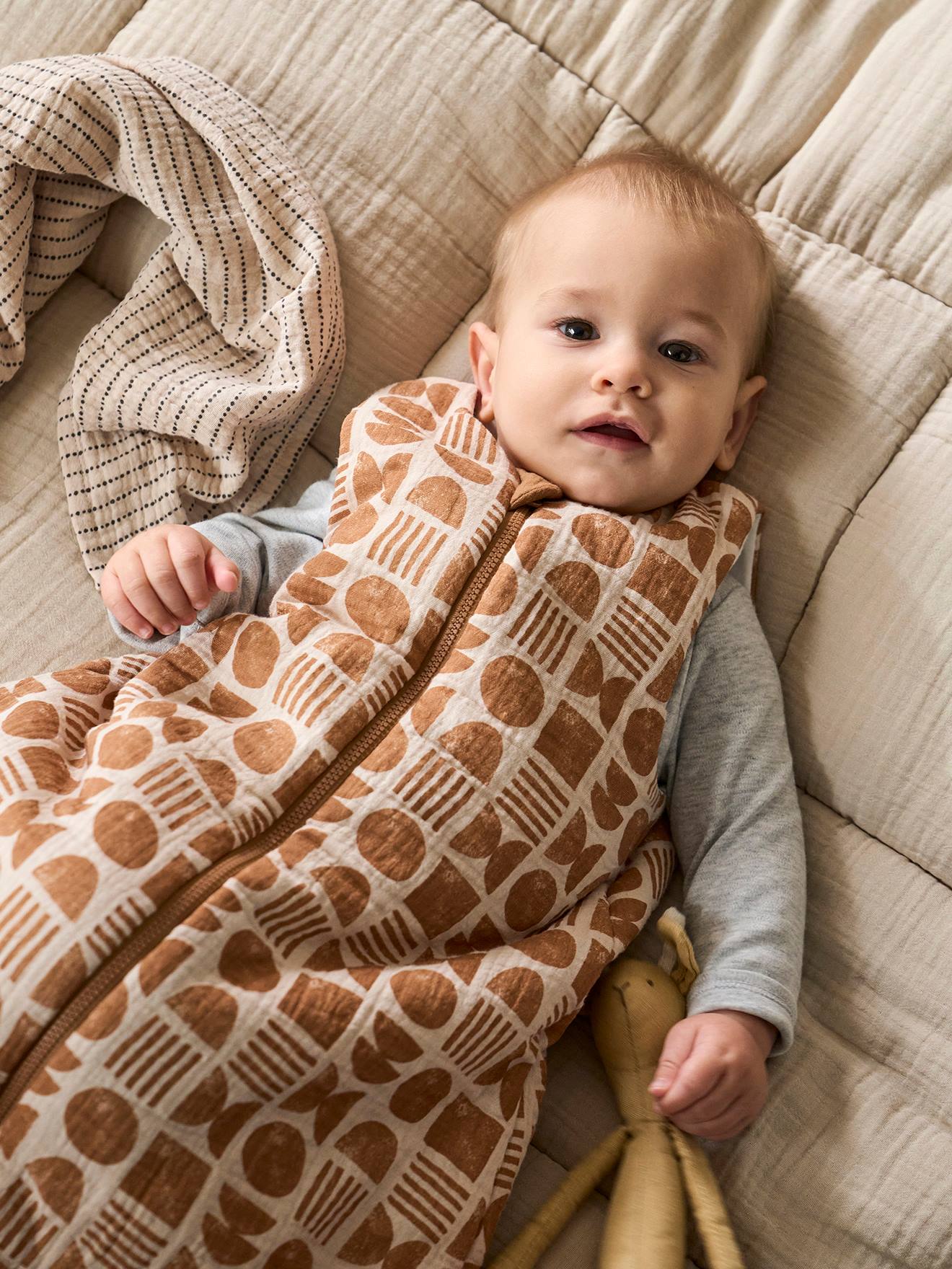 Reversible Sleeveless Baby Sleeping Bag with Central Opening, Ethnic printed beige
