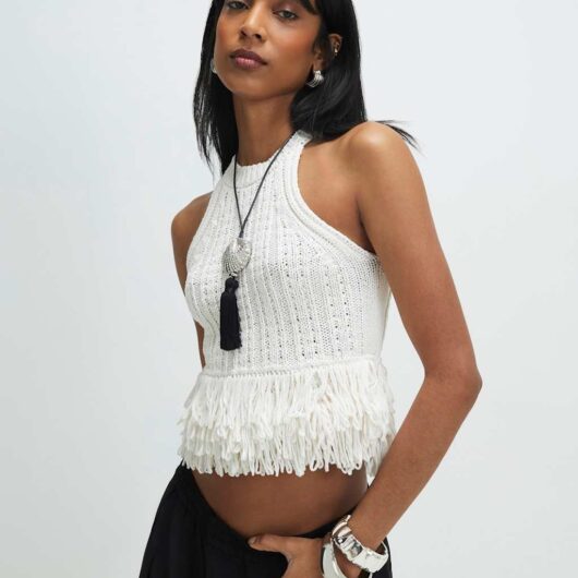 River Island Cotton Blend Fringe Fitted Knitted Vest Cream