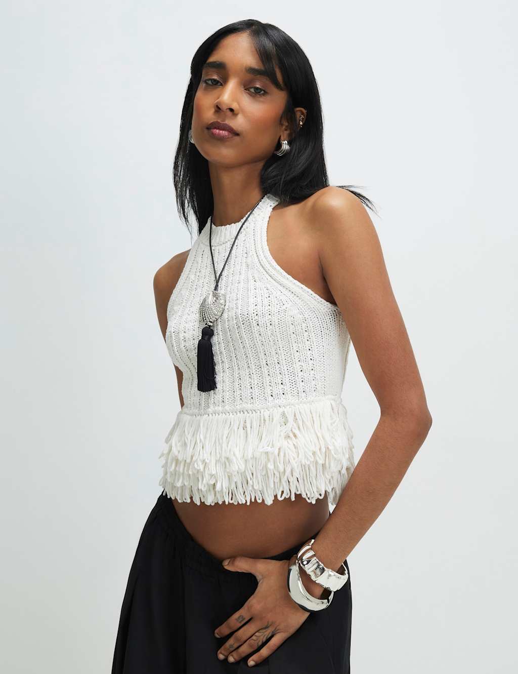 River Island Cotton Blend Fringe Fitted Knitted Vest Cream