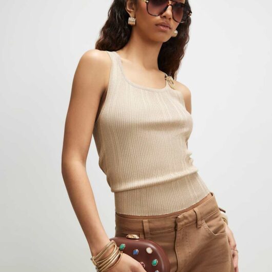 River Island Metallic Scoop Neck Fitted Knitted Vest Gold