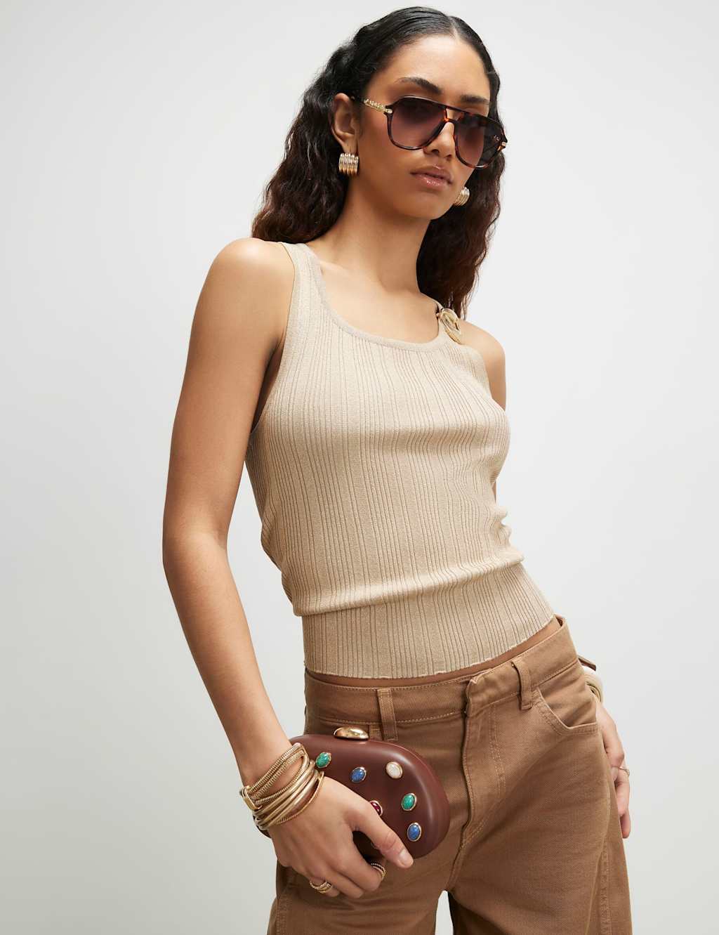 River Island Metallic Scoop Neck Fitted Knitted Vest Gold