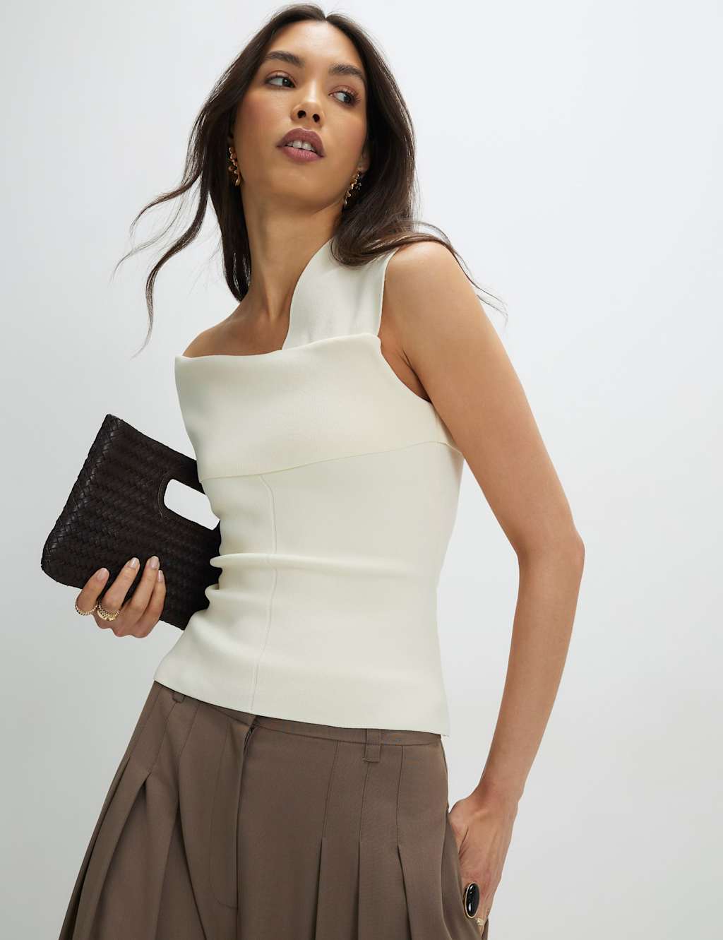 River Island One Shoulder Fitted Knitted Bardot Top Cream