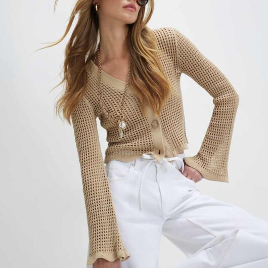 River Island Pure Cotton Knitted V-Neck Cardigan Beige