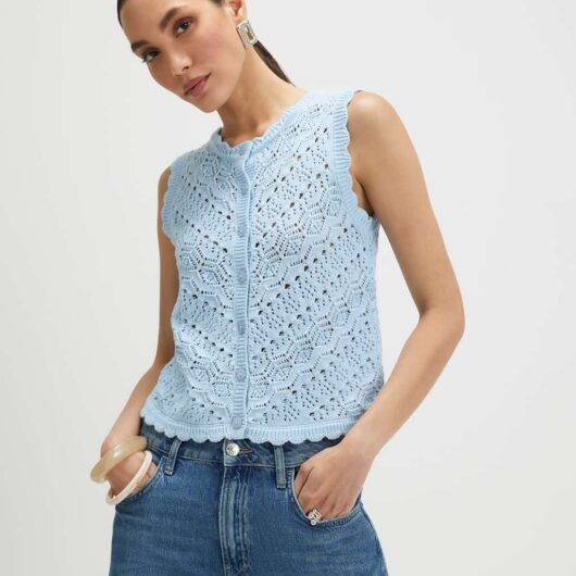 River Island Pure Cotton Open Stitch Knitted Top Light Blue