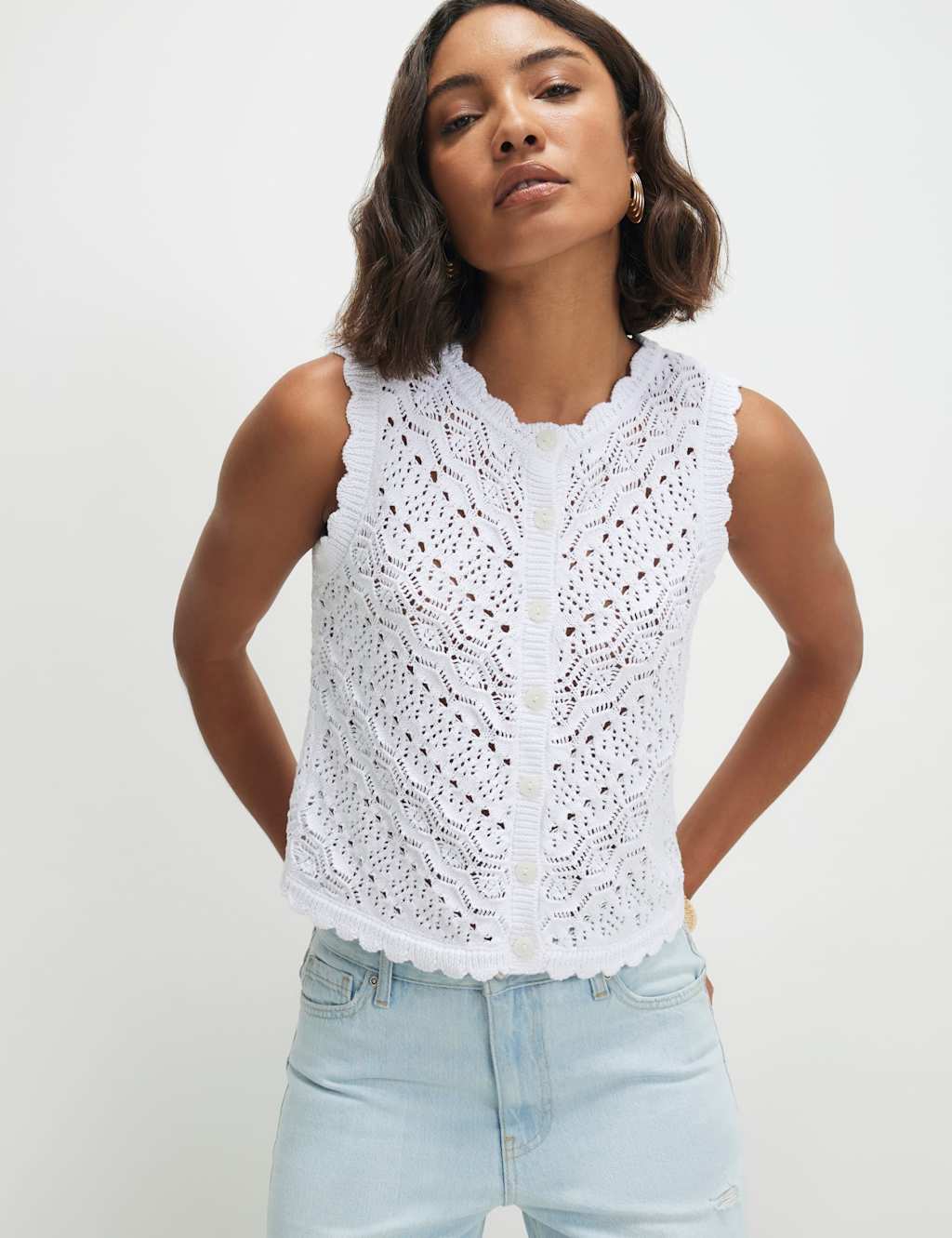 River Island Pure Cotton Open Stitch Knitted Top White