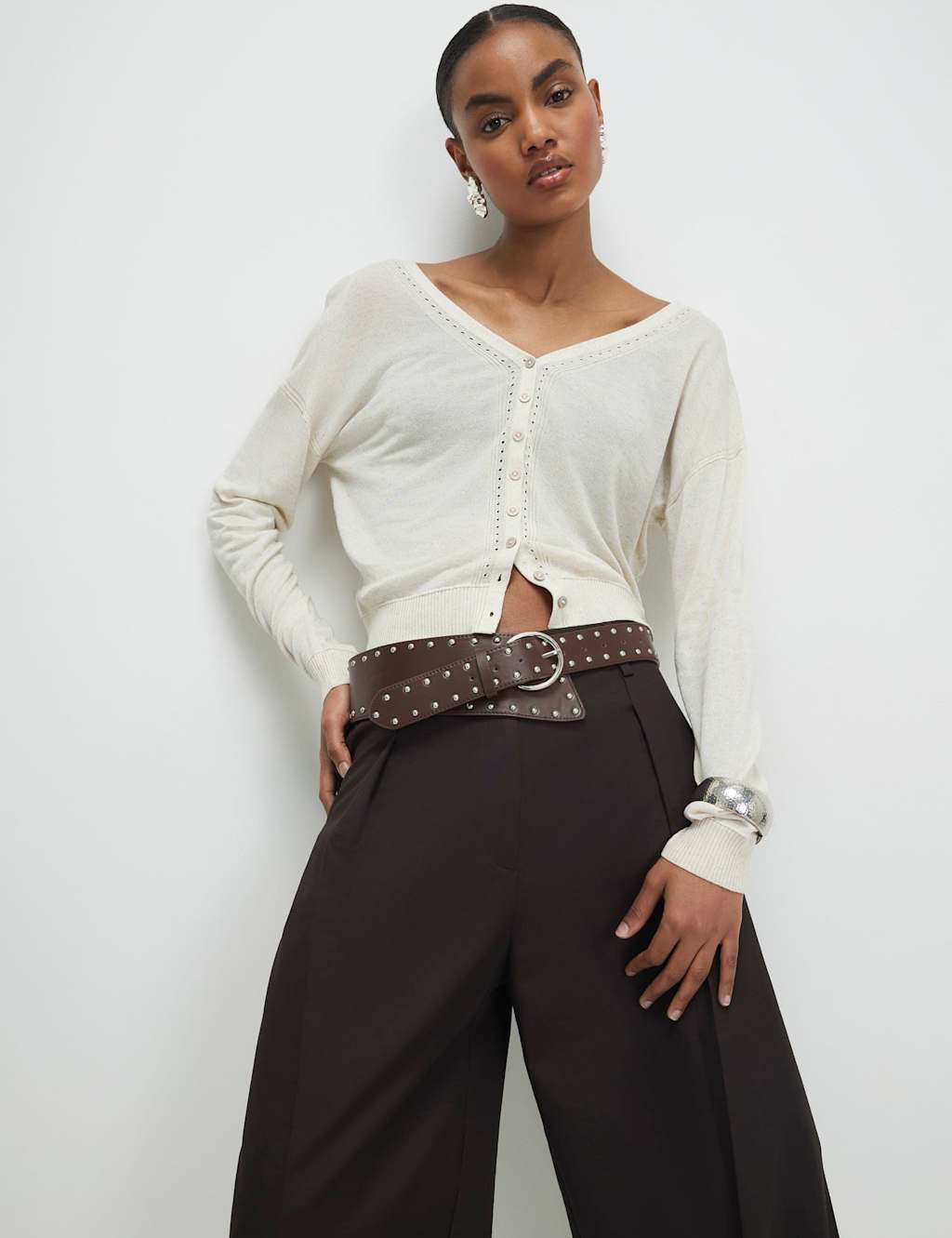 River Island V-Neck Button Through Cardigan with Linen Cream