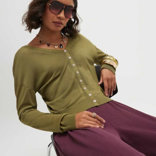 River Island V-Neck Button Through Cardigan with Linen Khaki