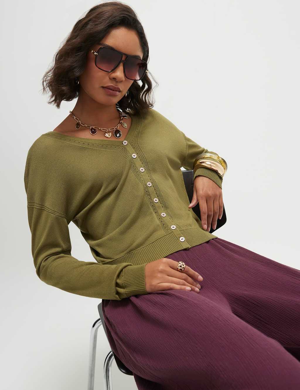 River Island V-Neck Button Through Cardigan with Linen Khaki