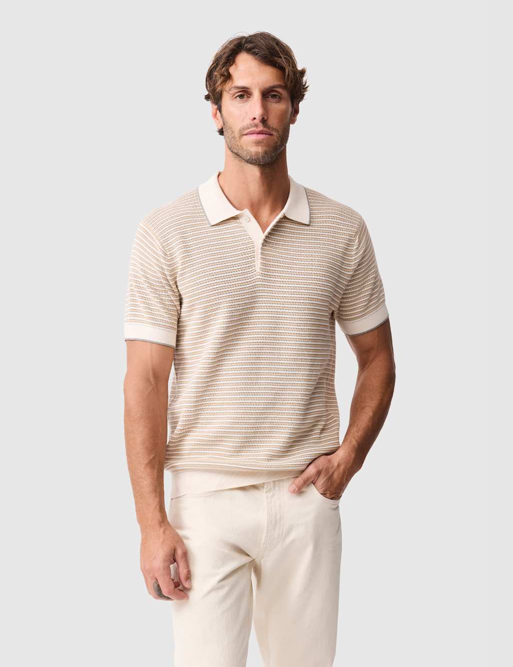 Rodd & Gunn Oyster Island Pure Cotton Knitted Polo Shirt Natural Mix