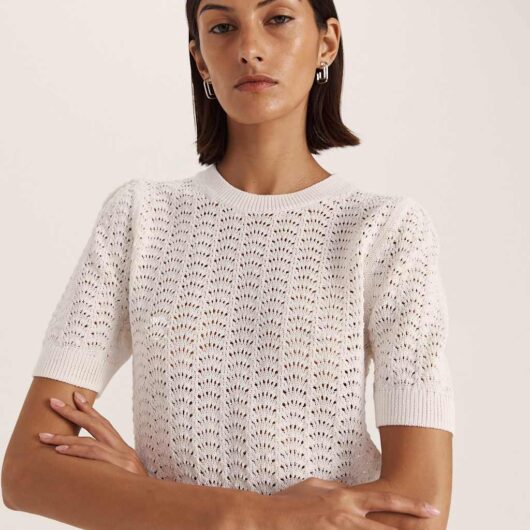 SABA Cotton Rich Crochet Knit Top White