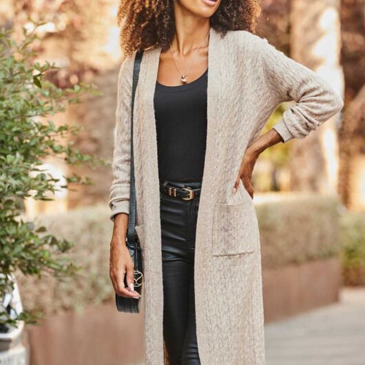 SOSANDAR Cable Knit Blouson Sleeve Longline Cardigan Camel