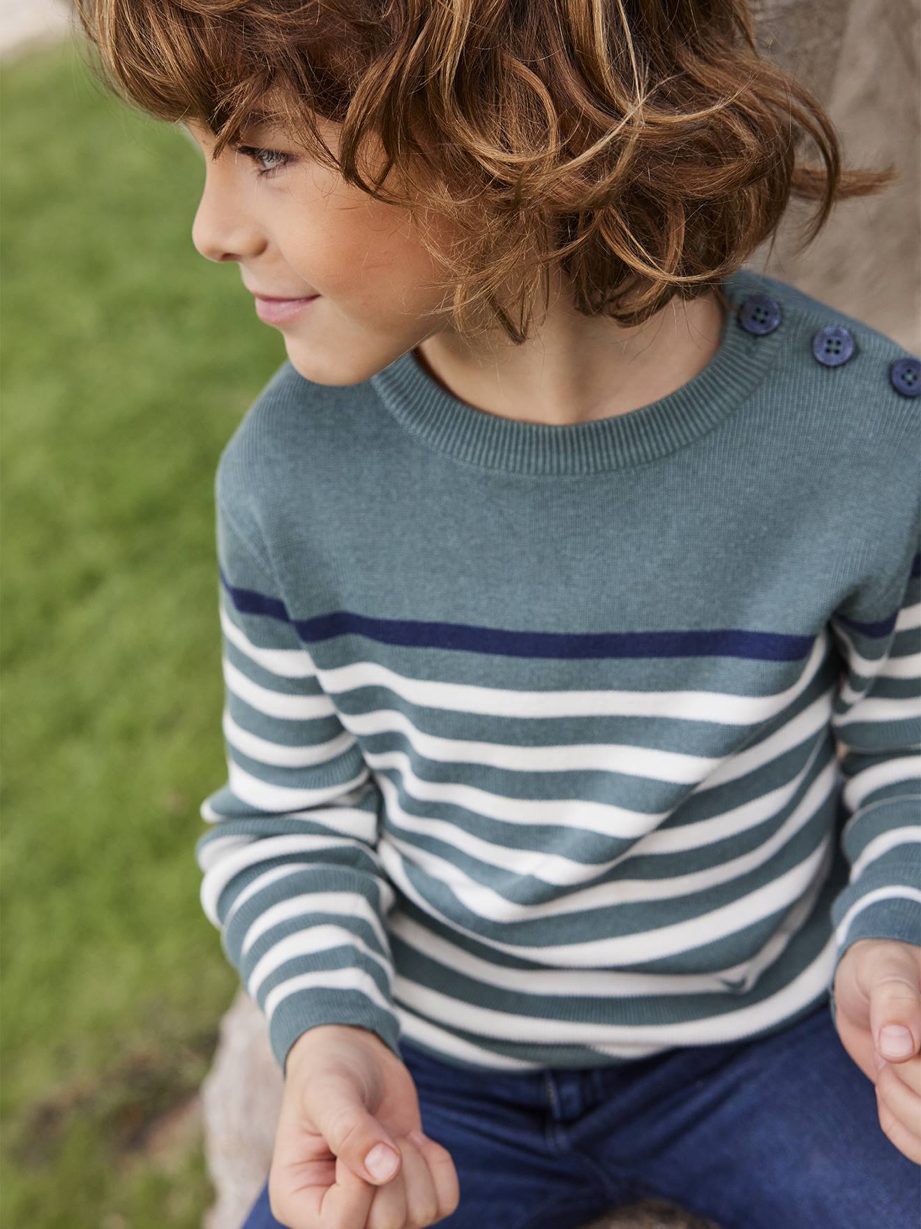 Sailor-Style Striped Jumper for Boys green medium solid with desig