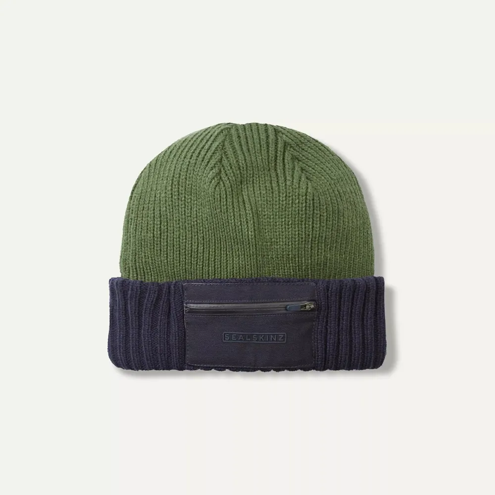 SealSkinz Colby Waterproof Zipped Pocket Knitted Beanie Olive/Blue