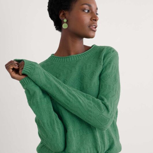 Seasalt Cornwall Pure Cotton Diamond Stitch Crew Neck Jumper Green