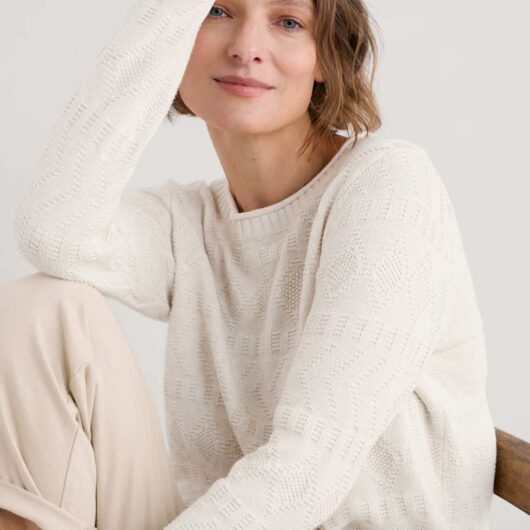 Seasalt Cornwall Pure Cotton Diamond Stitch Crew Neck Jumper Natural