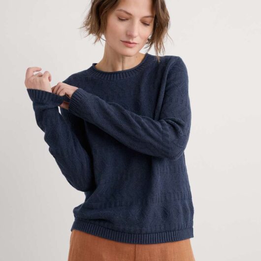Seasalt Cornwall Pure Cotton Diamond Stitch Crew Neck Jumper Navy