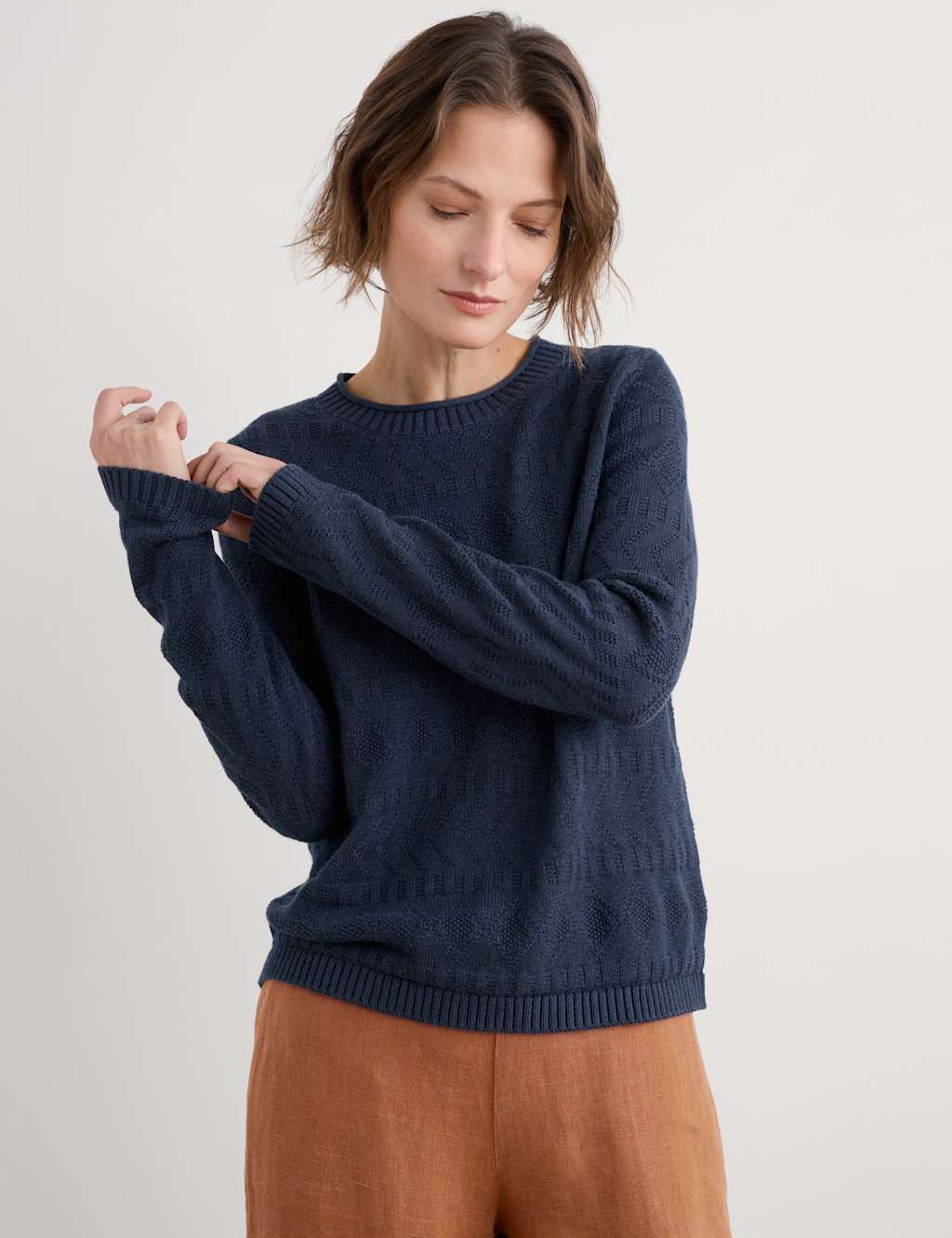 Seasalt Cornwall Pure Cotton Diamond Stitch Crew Neck Jumper Navy
