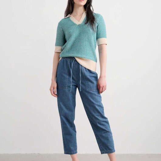 Seasalt Cornwall Pure Cotton Textured Collared Knitted Top Teal