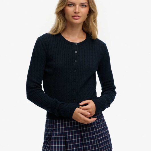 Superdry & Co Pure Cotton Cable Knit Crew Neck Cardigan Dark Navy