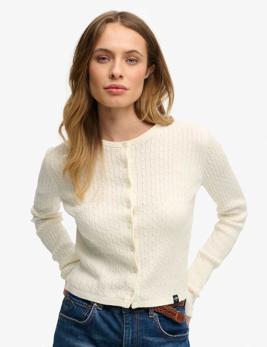 Superdry & Co Pure Cotton Cable Knit Crew Neck Cardigan White