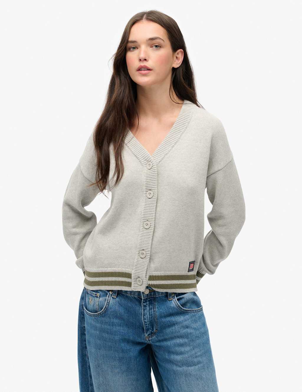 Superdry & Co Pure Cotton Stripe Detail Knitted Cardigan Grey