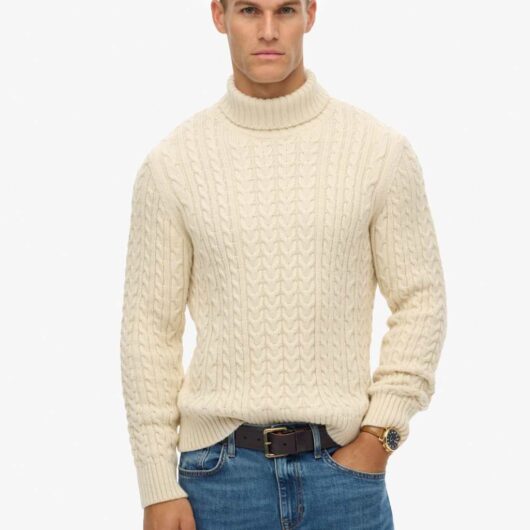 Superdry & Co Wool Blend Cable Knit Roll Neck Jumper White