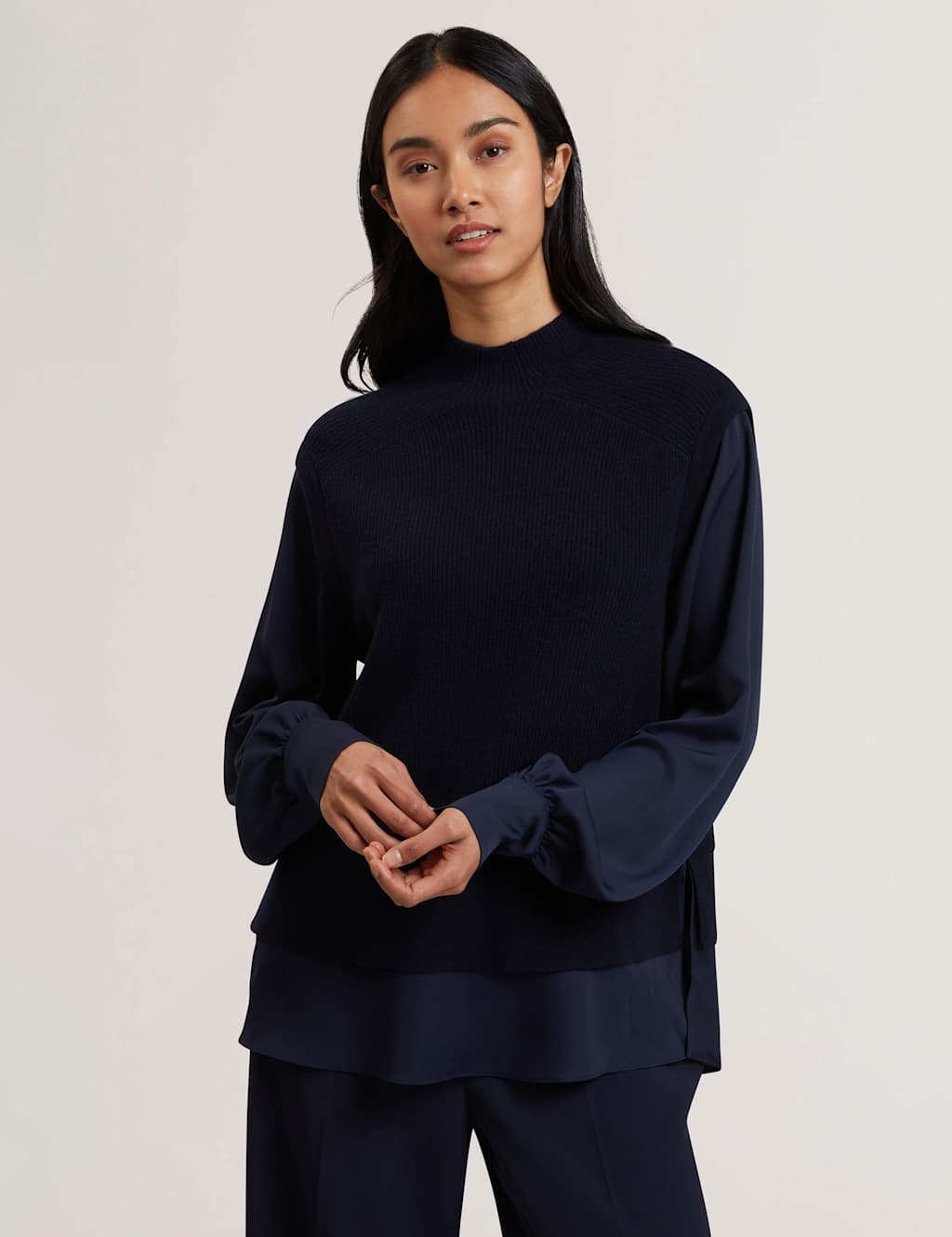 Ted Baker High Neck Woven Sleeve Knitted Jumper Navy