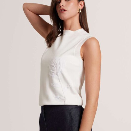 Ted Baker Organza Floral High Neck Knitted Vest Ivory