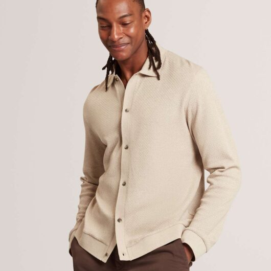 Ted Baker Pure Cotton Knitted Long Sleeve Polo Shirt Taupe
