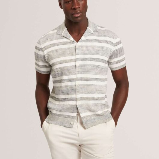 Ted Baker Striped Collared Neck Knitted Shirt White Mix