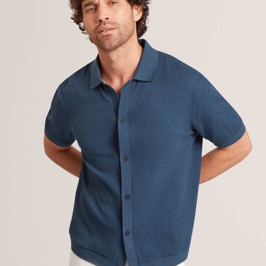 Ted Baker Textured Button Through Knitted Polo Shirt Navy