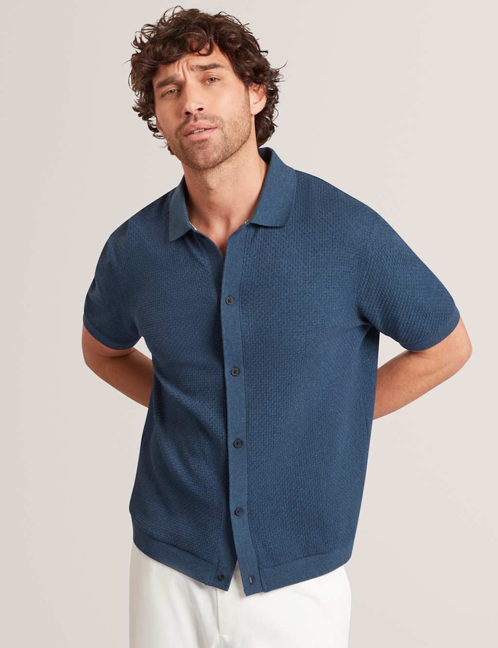 Ted Baker Textured Button Through Knitted Polo Shirt Navy