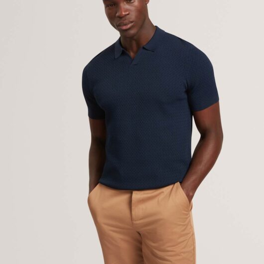 Ted Baker Zig Zag Stitch Knitted Polo Shirt Navy