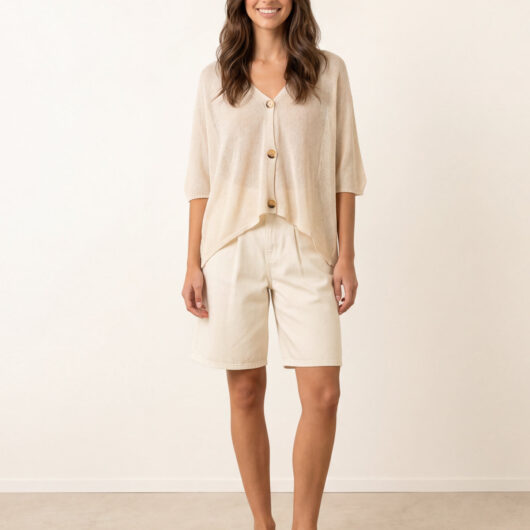Thin Knit Button Front Boxy Cardigan - ONE / BEIGE