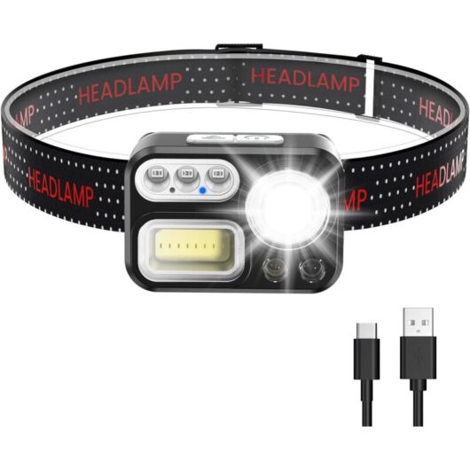 Tinor - Powerful Rechargeable Headlamp, 8 Modes led Head Torch 2200lux White Light and Emergency Light, 45° Adjustable, IP65 Waterproof and