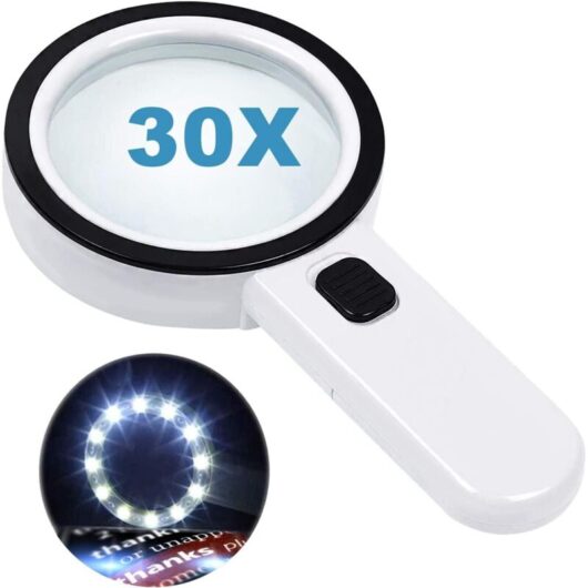 Tinor - Reading Magnifier with 12 led Lights, Dual Glass Lens with 30x Magnification. For easy reading of coins, stamps, maps.