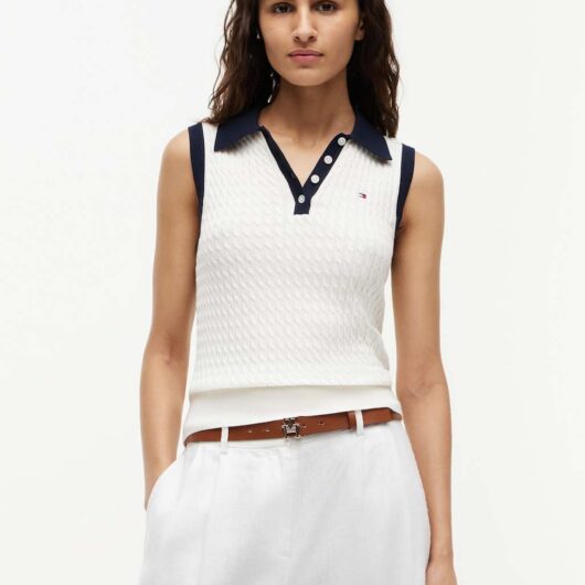Tommy Hilfiger Pure Cotton Cable Knit Polo Knitted Vest Ivory
