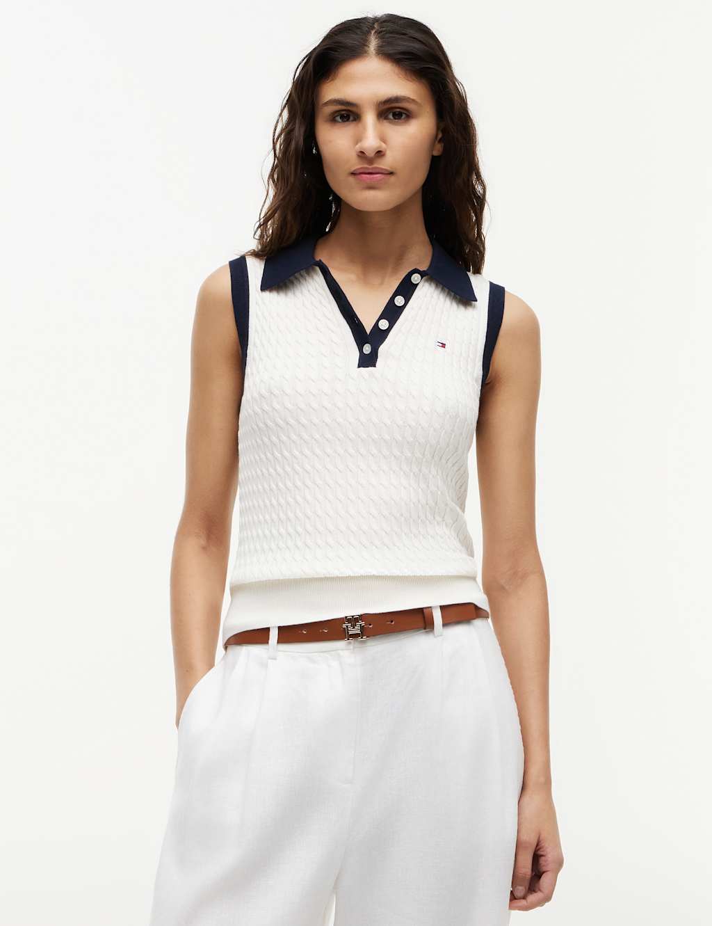 Tommy Hilfiger Pure Cotton Cable Knit Polo Knitted Vest Ivory