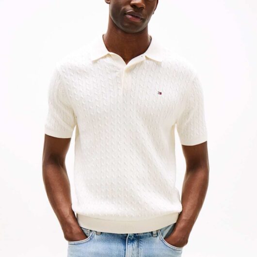 Tommy Hilfiger Pure Cotton Cable Knit Polo Shirt Ivory