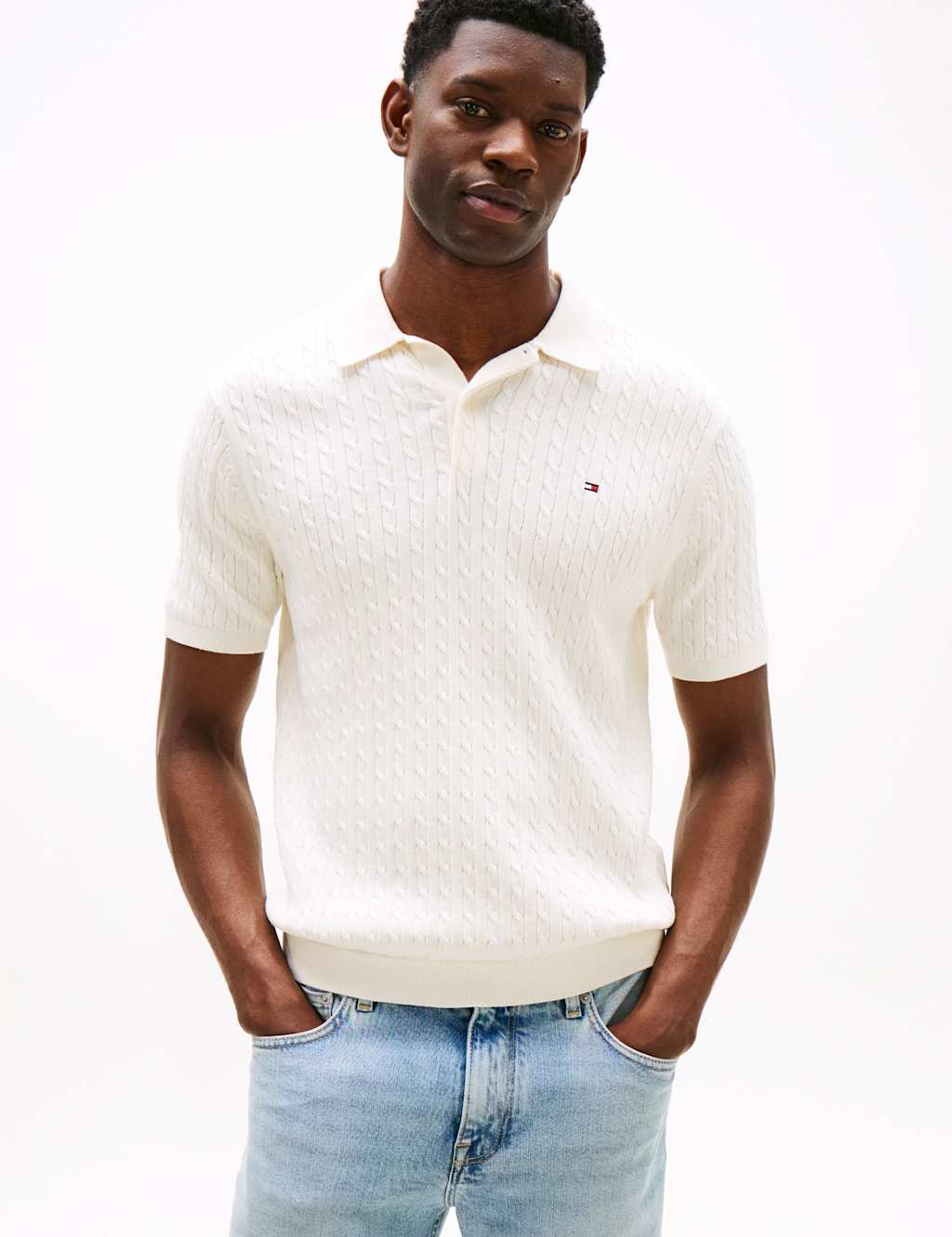 Tommy Hilfiger Pure Cotton Cable Knit Polo Shirt Ivory