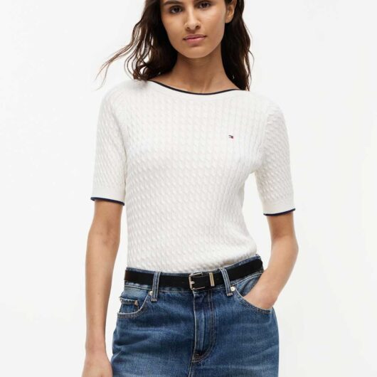 Tommy Hilfiger Pure Cotton Cable Knit Slash Neck Knitted Top Ivory