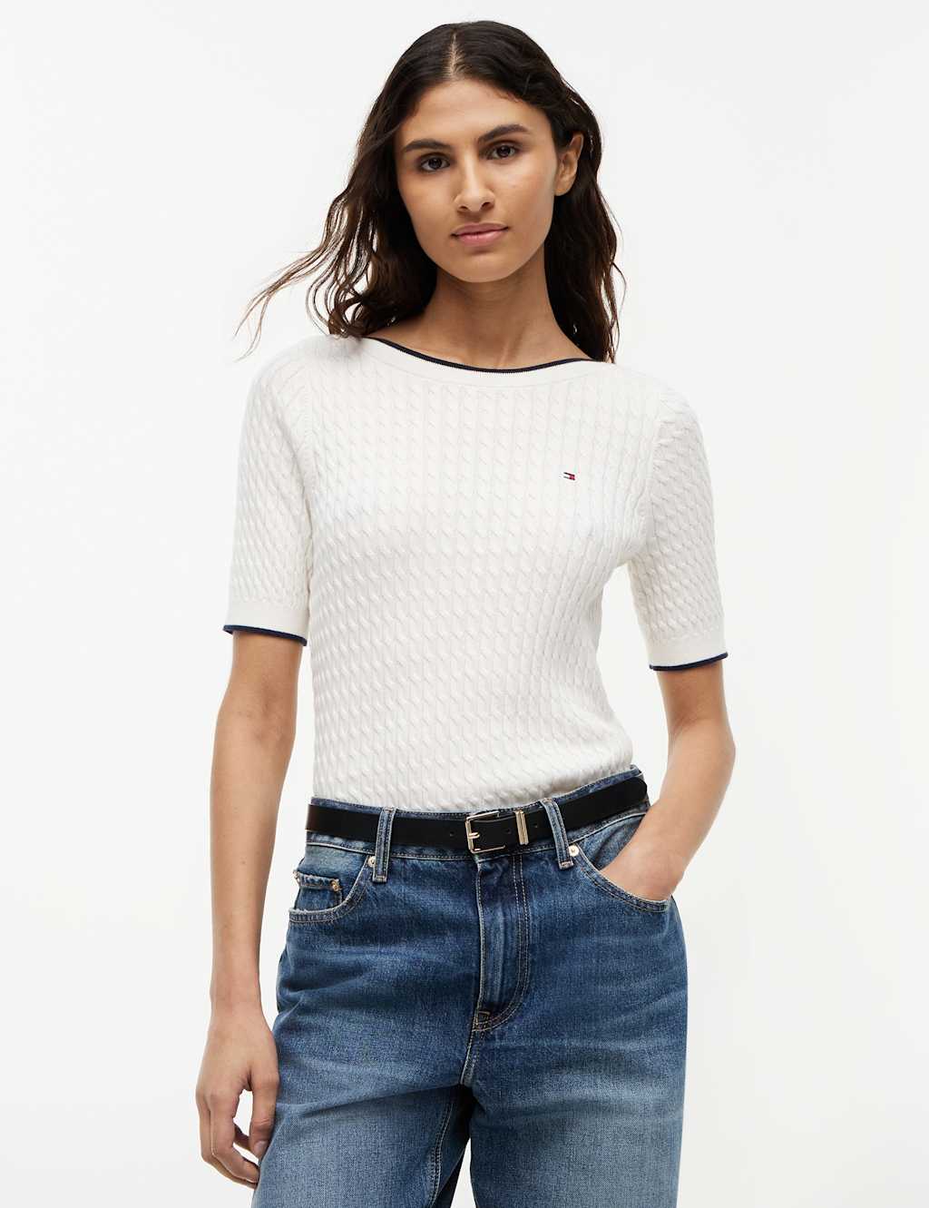 Tommy Hilfiger Pure Cotton Cable Knit Slash Neck Knitted Top Ivory