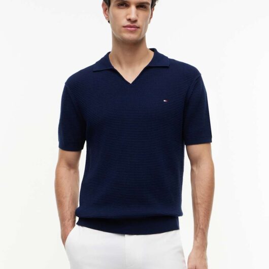 Tommy Hilfiger Pure Cotton Textured Knitted Polo Shirt Navy