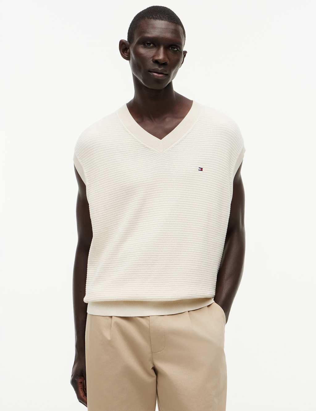 Tommy Hilfiger Pure Cotton Textured V-Neck Knitted Vest Ivory