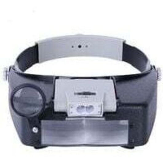 Watchmaker's headband magnifier with hands-free operation, headphone magnifier with LED light, for watchmakers, jewelers and readers.