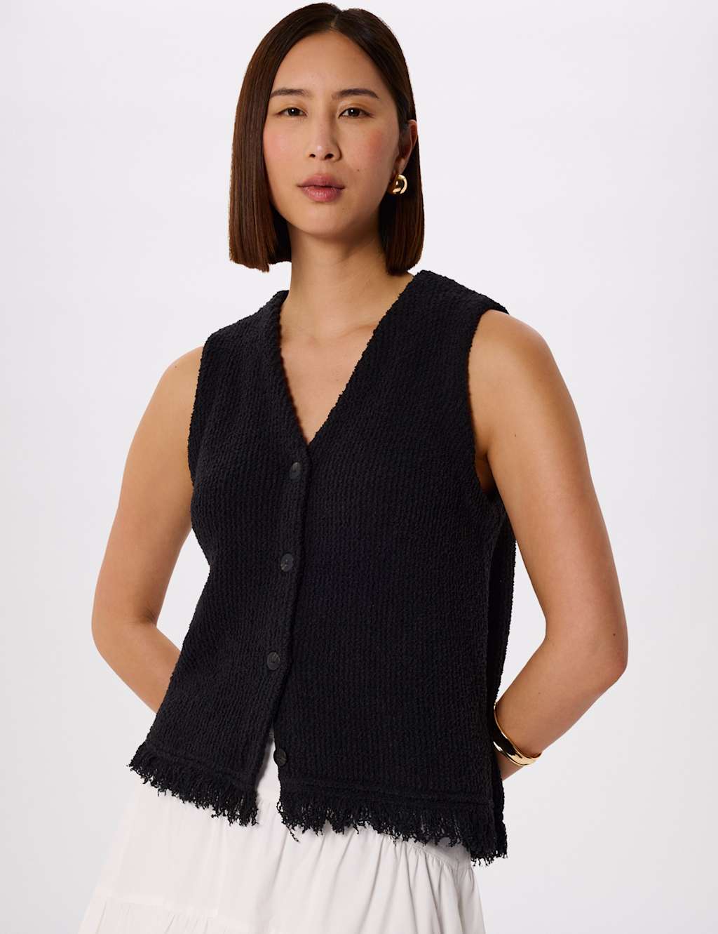 Whistles Cotton Rich Fringed Knitted Vest Black