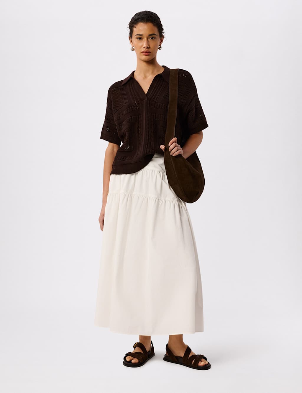 Whistles Pure Cotton Open Knit Polo Top Chocolate