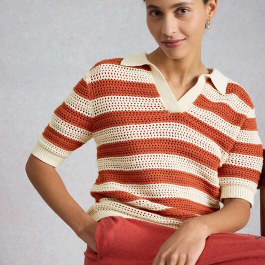 White Stuff Pure Cotton Collared Knitted Top Brown Mix